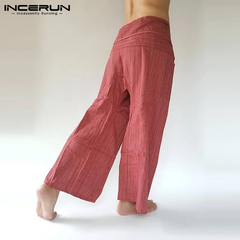 INCERUN,, мужские тайские штаны для рыбалки, полосатые, хлопковые, для бега, свободные, повседневные, для йоги, штаны для тренировок, с карманами, широкие, брюки для мужчин, S-5XL