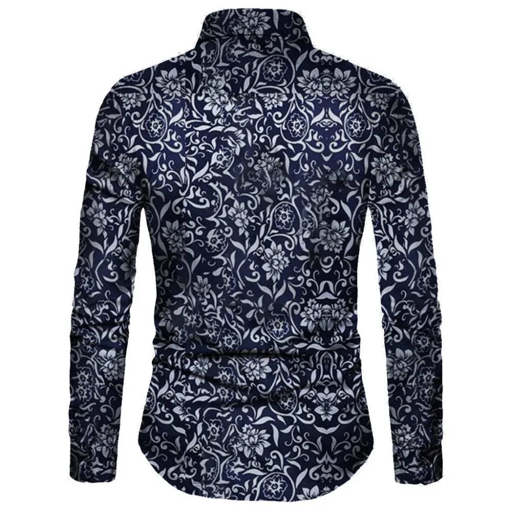 Мужская рубашка осень плюс размер Slim Fit рубашки мышцы с длинным рукавом цветочным принтом Мужская блузка Cothing Camisa Social Прямая C