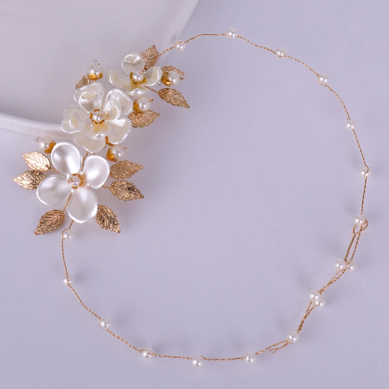 Жемчужный цветок невесты ободок Золотой с листьями для Свадебные аксессуары