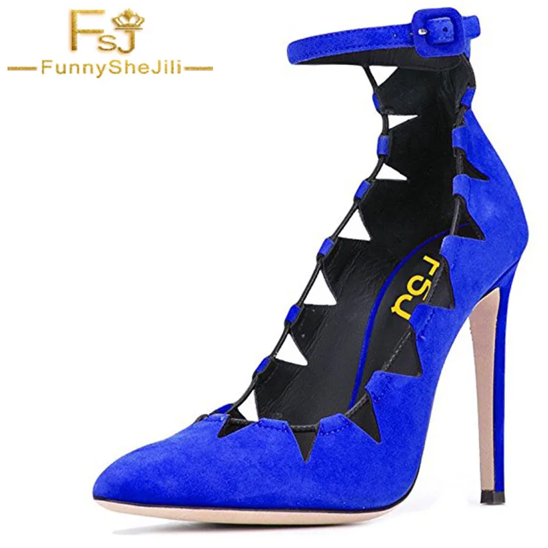 

Blue Suede Women Shoes Pointed Toe Pumps Roman Style Ankle Strap High Thin Heels Buckle Strap Party Evening FSJ Big Size 16