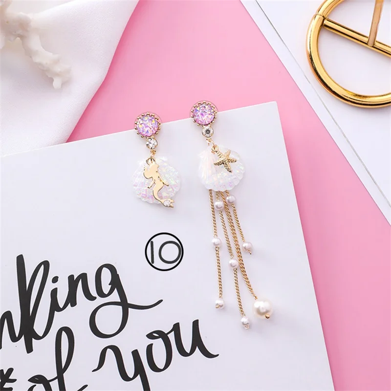 style-10 Япония и Южная Корея Харадзюку мультфильм Асимметричный Морская звезда раковина жемчужные серьги простые милые розовые блестки русалка серьги гвоздики - Окраска металла: style-10