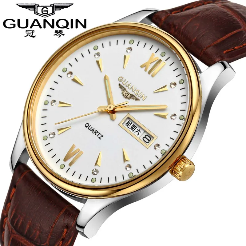 GUANQIN 30m Waterproof Quartz Watch Men Watches Brand Hardlex Luminous Leather Fashion Luxury Analog Wristwatch | Наручные часы