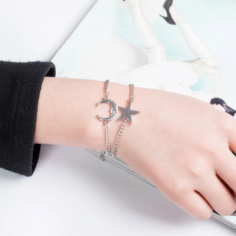 Star &amp Descent Moon Pendant Double Metallic Golden Silver Plated Bracelets 2 pieces / set | Украшения и аксессуары