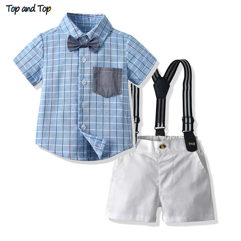Top and Fashion Kids Boy Clothes Set Short Sleeve Plaid Shirt Tops with Bow Tie+Straps Pant Boys Casual | Детская одежда и обувь