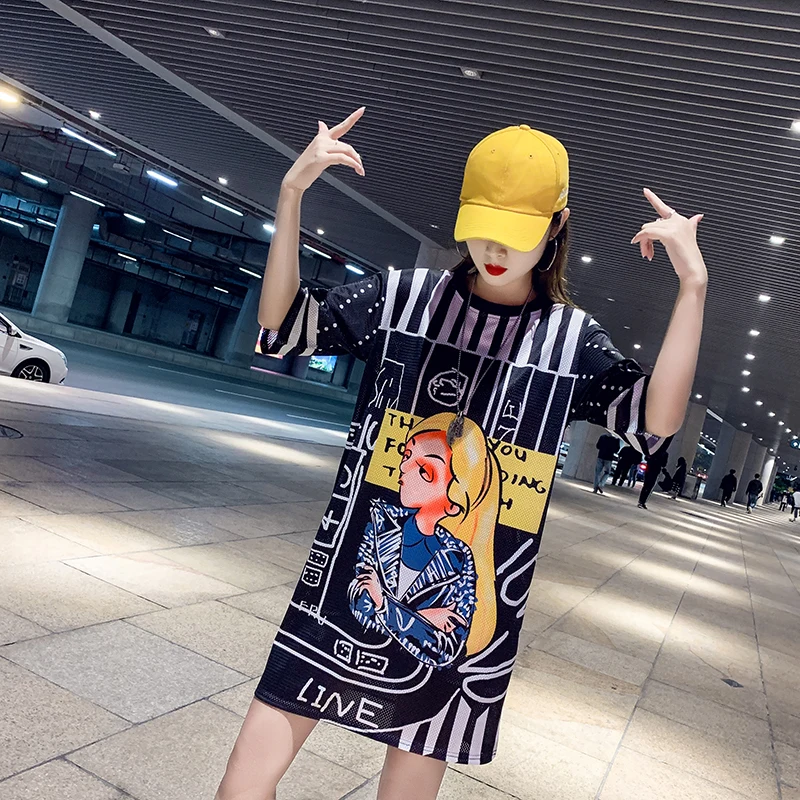 Summer short-sleeved dress female 2019 spring and summer new girl print mesh T-shirt long section quick-drying ice silk | Женская одежда