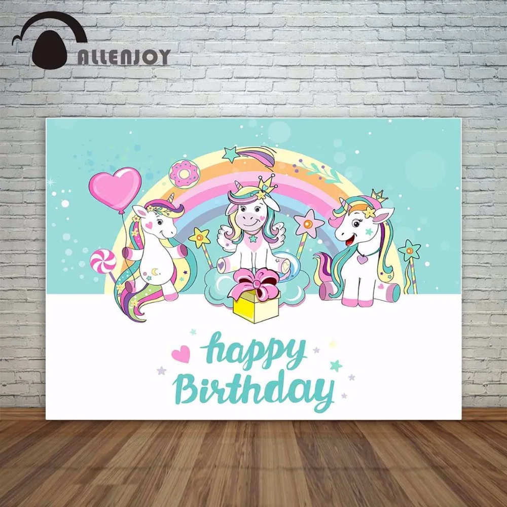 

Allenjoy new arrivals unicorn theme backdrop colorful pretty rainbow childre birthday party photography background photocall