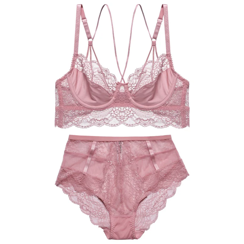Pink bra set Ультратонкий Женский комплект с бюстгальтером, пуш-ап, сексуальный бюстгальтер с ремешками, кружевная отделка, на косточках, без подкладки, с высокой посадкой, трусики, нижнее белье для женщин - Цвет: Pink bra set