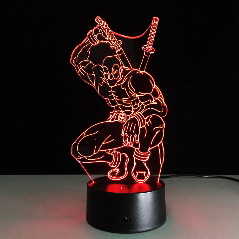 7 цветов меняющийся герой Дэдпул 3D светильник СВЕТОДИОДНЫЙ Ночник USB сенсорный
