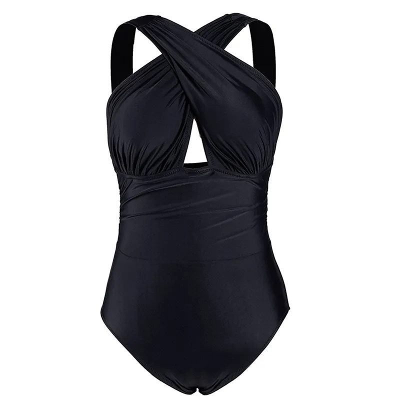 black swimsuit Купальная Одежда большого размера, цельный купальный костюм, закрытый Большой цельный женский купальник с цветочным принтом, Мягкий купальный костюм, винтажный, перекрестный, 3XL - Цвет: black swimsuit