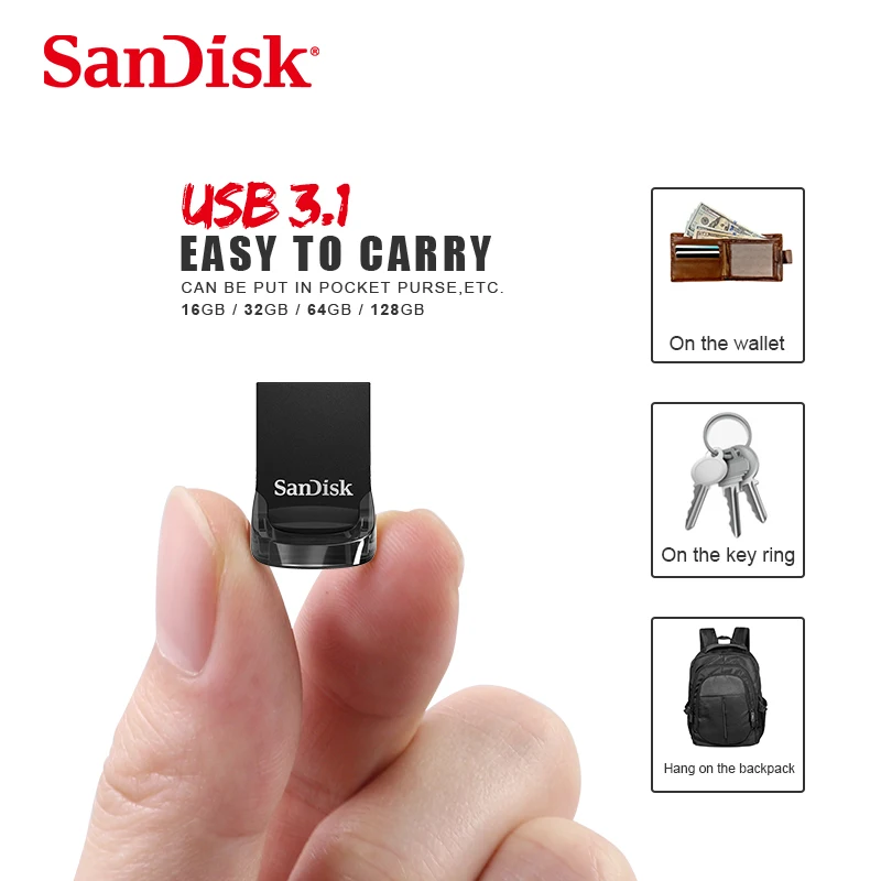Флеш-накопитель SanDisk FIT USB 3,1, 128 ГБ, 64 ГБ, 32 ГБ, 16 ГБ, 3,0 МБ, Bultra, флеш-накопитель USB, U, флеш-накопитель