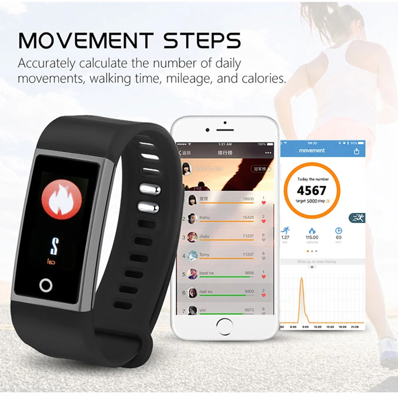 2018 Smart Band Bracelet Wristband Color Display Monitor Blood Oxygen Fitness Tracker Sleep Test Message Tips For Andriod IOS |