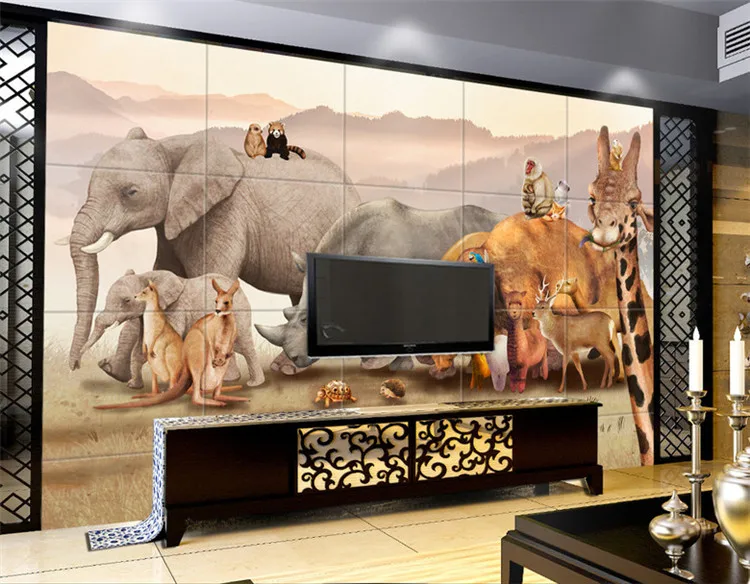 3D retro animal TV sofa background wall elephant giraffe children room bedroom wallpaper decorative painting | Обустройство дома