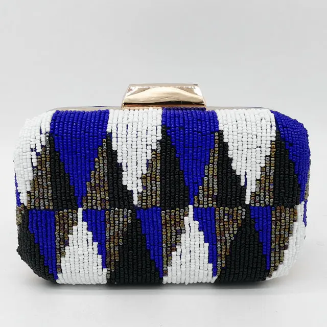 Blue Evening Bag Boutique De FGG клетчатые женские металлические клатчи на цепочке, сумка на плечо, тканые женские вечерние клатчи с бисером, сумочка для коктейля, выпускного вечера - Цвет: Blue Evening Bag