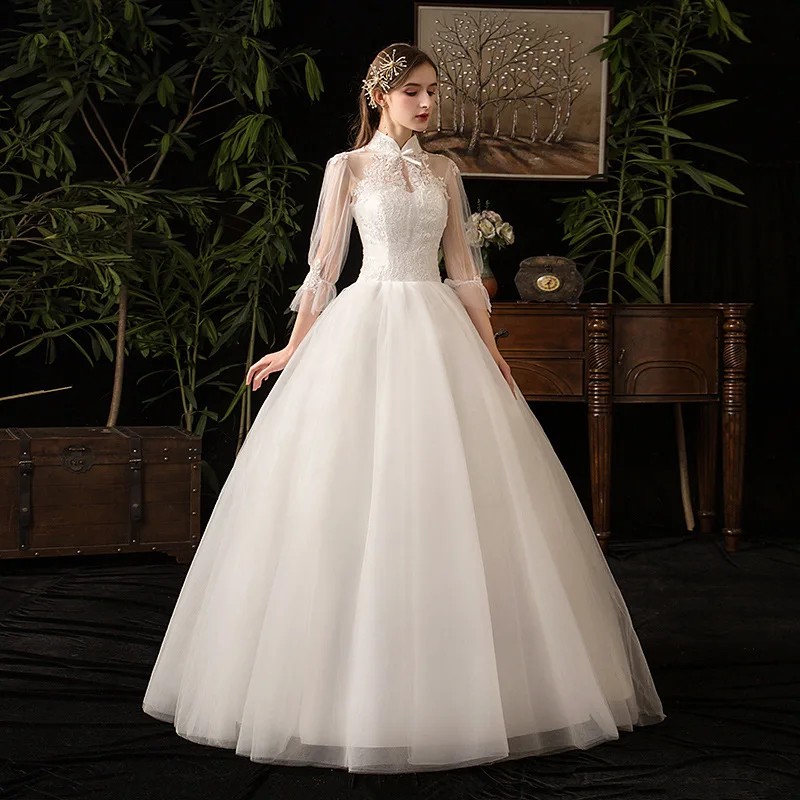 

Женское свадебное платье, с высокой горловиной и рукавами три четверти, Кружевная аппликация, 2021, винтажное свадебное платье, размера плюс