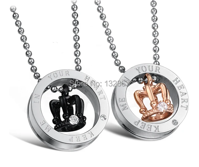 

One Pair OF Stainless Steel Crown " Keep Me in Your Heart " Promise Round Circle Pendant Necklace