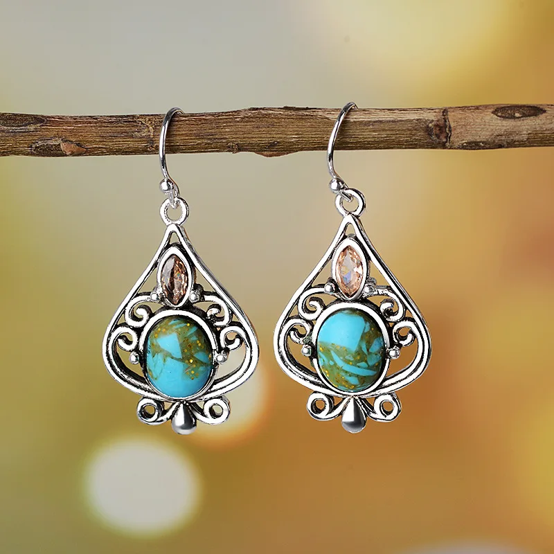 silver green OMHXZJ Европейская мода женские вечерние день рождения свадьба подарок винтажная Капля воды бирюзовое Тайское Серебро Висячие серьги EA495 - Цвет камня: silver green