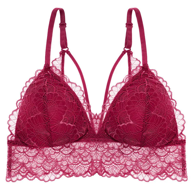 wine red Sexy Deep V Floral Lace Bras Bralette Women Intimates Ultra Thin Belt Lingerie Wirefree Seamless Underwear Back Butterfly - Цвет: wine red