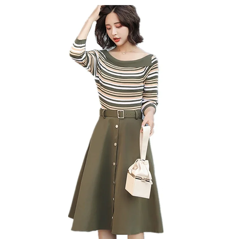 2018 autumn and winter new ladies dress striped slim knitting Shirt + A word two-piece Dress | Женская одежда
