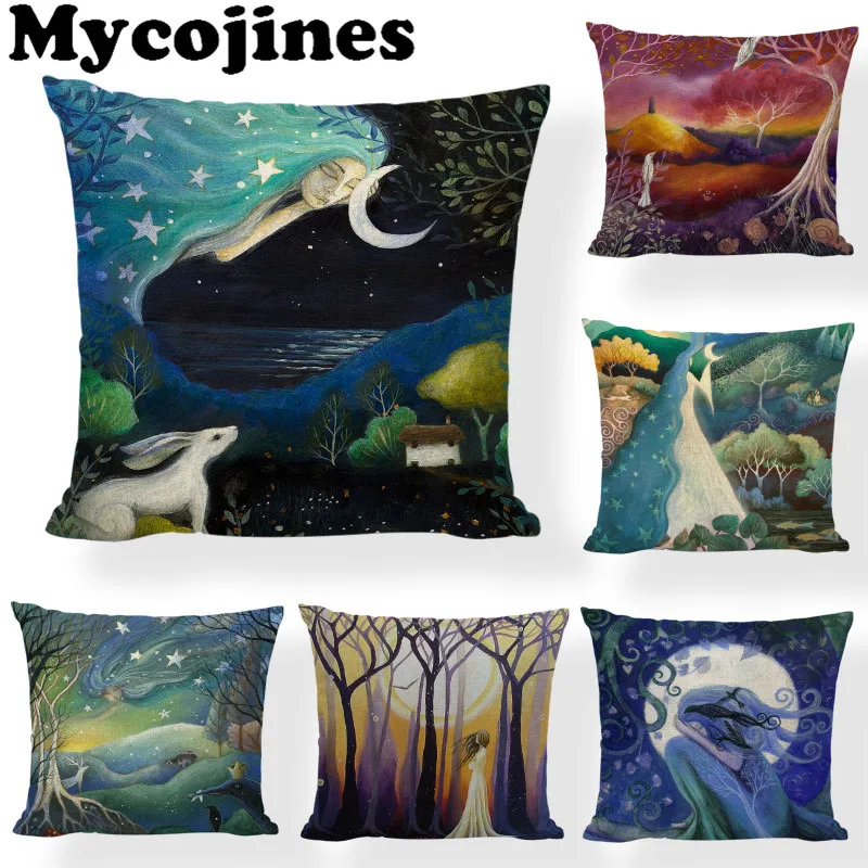 

Abstract Figures Oil Painting Cushion Cover Plant Moon 45*45cm Forest Star Moon Rabbit Living Room Couch Decoration Pillow Case