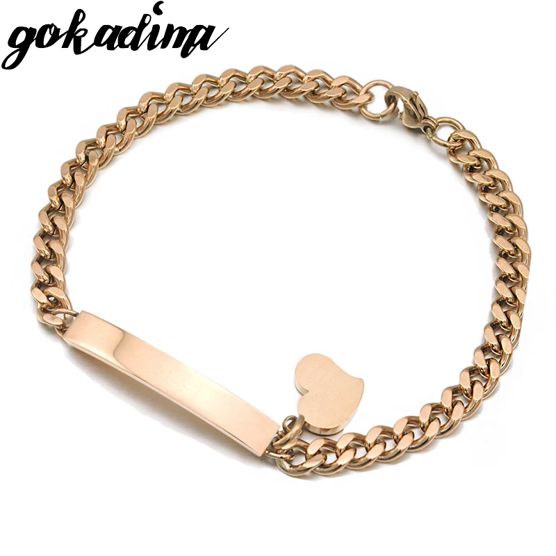 rose gold color GOKADIMA, новинка, звеньевая цепочка, ID, сердце, очаровательный браслет и браслет, браслеты из нержавеющей стали, Женские Ювелирные изделия WB016 - Окраска металла: rose gold color