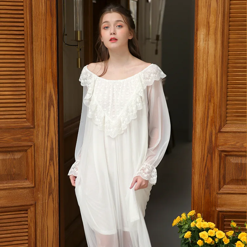 

Spring summer Women Princess sexy long Modal cotton hollow long nightgown sleepwear sleepshirts female night dress 1812187