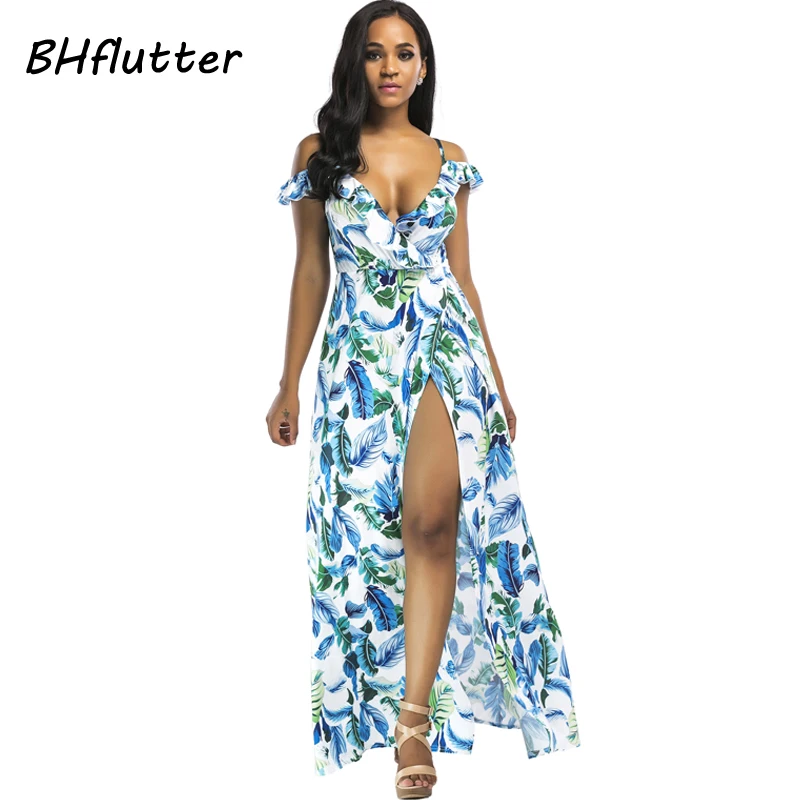 BHflutter сексуальное пляжное платье с открытыми плечами цветочным принтом оборками