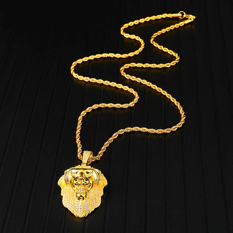 HIP Hop Copper Animal Bling Full Iced Out Lion Rope Chain Pendants &amp Necklaces for Men Jewelry Gold Color Dropshipping | Украшения и