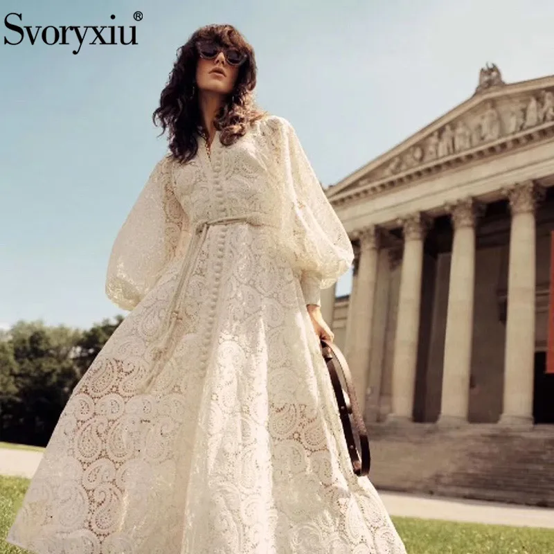 Svoryxiu High End Hollow Out Lace Embroidery Lantern Sleeve Maxi Dress Women's Single Breasted Runway Autumn Party Long Dresses