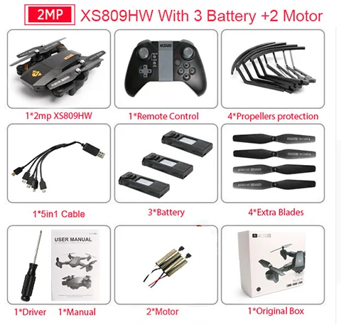 XS809W 2MP 3B 2M XS809HW FPV дрона с дистанционным управлением с поддержкой Wi-Fi 2MP/0.3MP Камера 2,4G 6-осей, «Безголовый» режим удержания высоты, складной Квадрокоптер с дистанционным управлением с 5in1 кабины - Цвет: XS809W 2MP 3B 2M