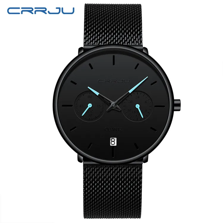 black blue Топ люксовый бренд CRRJU Новые водонепроницаемые мужские часы модные минималистичные 24 часа дисплей сетчатый ремешок наручные часы Relogio Masculino - Цвет: black blue