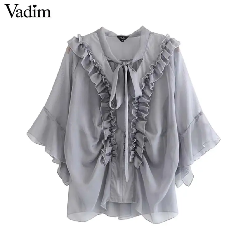 Vadim women stylish solid V neck blouse ruffles bow tie mesh transparent three quarter sleeve female summer wear tops DA405 |