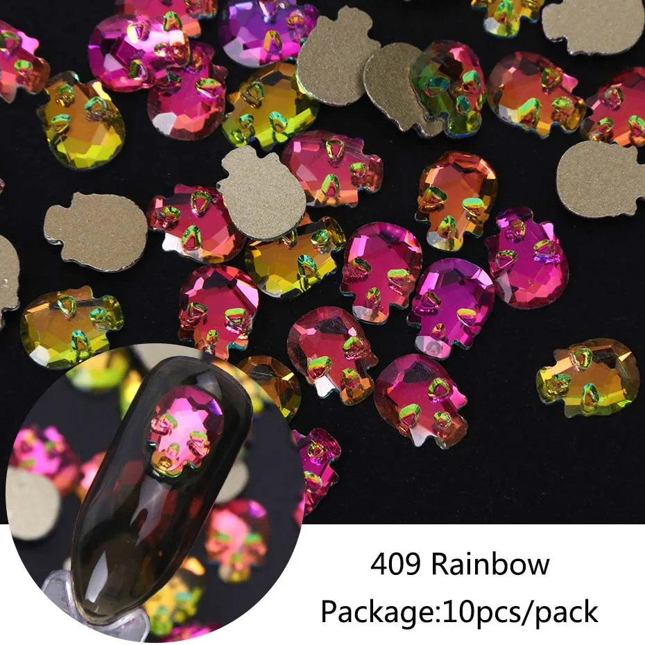 10pcs 409 10 шт 3D Череп Кость Стразы для ногтей ювелирные изделия драгоценные камни Хэллоуин талисманы Flatback камни для дизайна ногтей украшения маникюрные аксессуары LA963 - Цвет: 10pcs 409