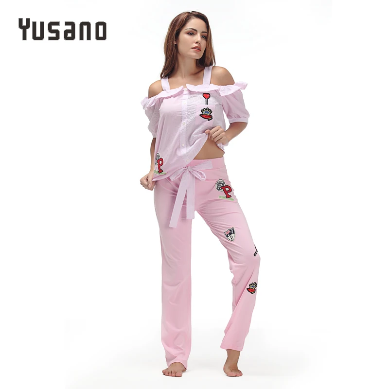 Yusano 2017 Pajamas Women Embroidery Camisole Short Sleeve Ruffle Sleepwear Girl Blue Pink Stripe Homewear Cotton Top+Long Pants | Женская