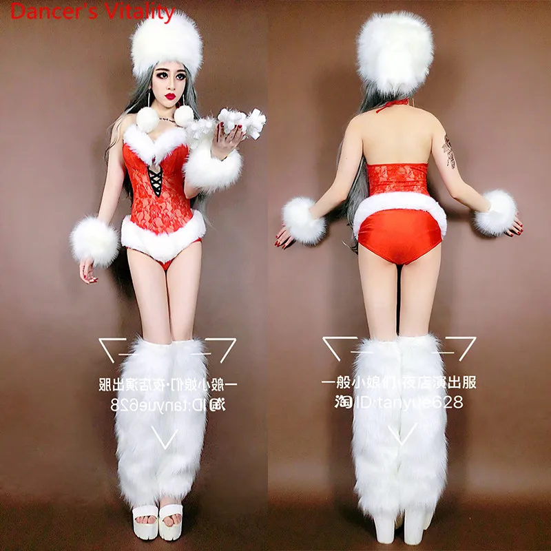 Nightclub Bar New Year DS Female Singer DJ Red White Fur Body Suit Performance Costume Pole Jazz Dancewear Set Clothes Outfits |