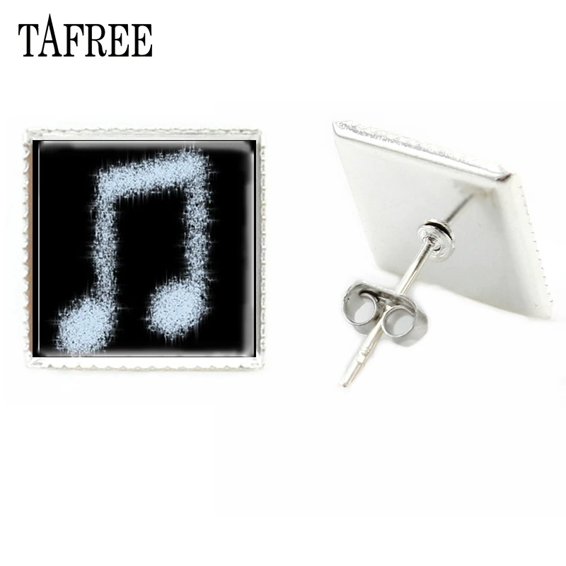 

TAFREE Musical Note Square Earrings Unique Style Music Sheet Notes Cabochon Dome Personality Ornaments For Anniversaries MT51