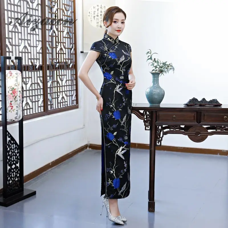 Восточный стиль ретро длинный Cheongsam черный Chinoise тонкий Qi Pao для женщин Китайская традиционная одежда платье Ципао Женская Роба в восточном стиле