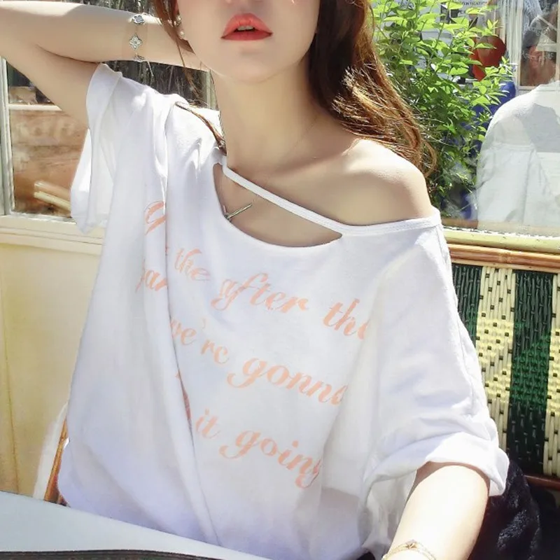 2019 New Woman One-necked Strapless Shoulder Short-Sleeved cotton hollow out Letter Print White T Shirt korean preppy style | Женская