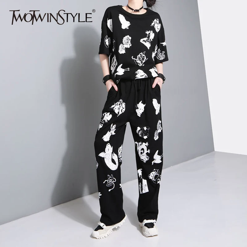 TWOTWINSTYLE брюки с принтом костюм для женщин короткий рукав Футболка со шнуровкой