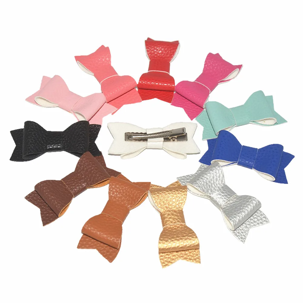 

MengNa 2.8" Leather Hair Bow,DIY Leather Bow with Clips,Girls Hair Barrettes Hair Accessories 50pc/lot