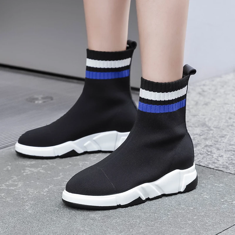 

WETKISS Stretch Women Ankle Boots Round Toe Footwear Flat Sole Knitting Female Boots Leather Shoes Platform Woman 2018 Autumn