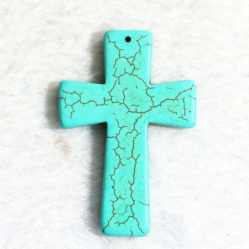 

Fashion blue turquoise stone 57x37mm lovely cross necklace round pendant making popular B320