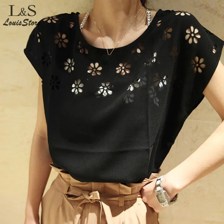 Новый 2014 Женская Мода Лето Элегантный майка Цветы Полые Свободные Batwing Рукавом О