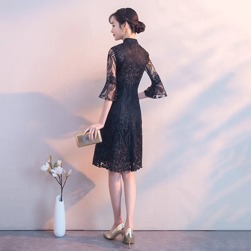 Черное традиционное китайское платье Qipao женские вечерние платья винтажное