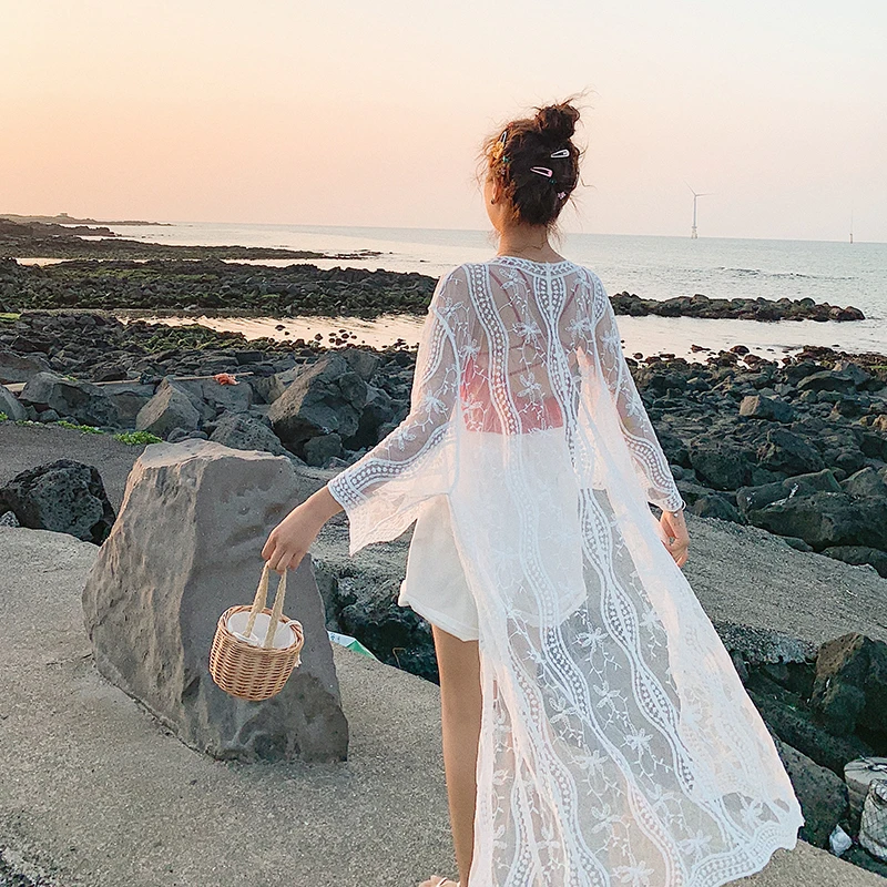 Casual long cardigans womens sunscreen shirt loose beach coat lace chiffon Outerwear (mm7972) |