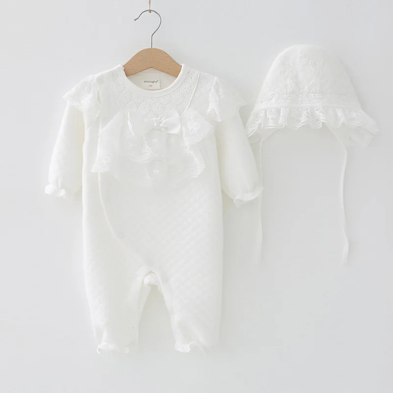 Новый осенний хлопковый комбинезон с кружевным бантом для маленьких девочек