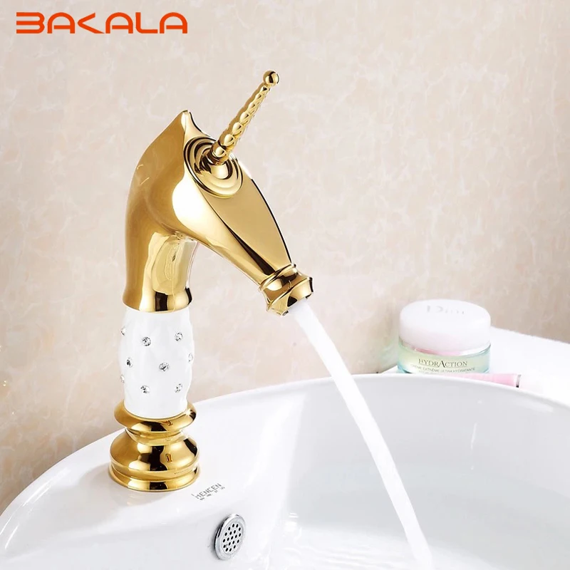 

BAKALA Gold Bathroom horse head Faucets Brass ceramic&Diamond body Deck Mounted Bathroom Faucet Single Handle Mixer Tap B-1006M