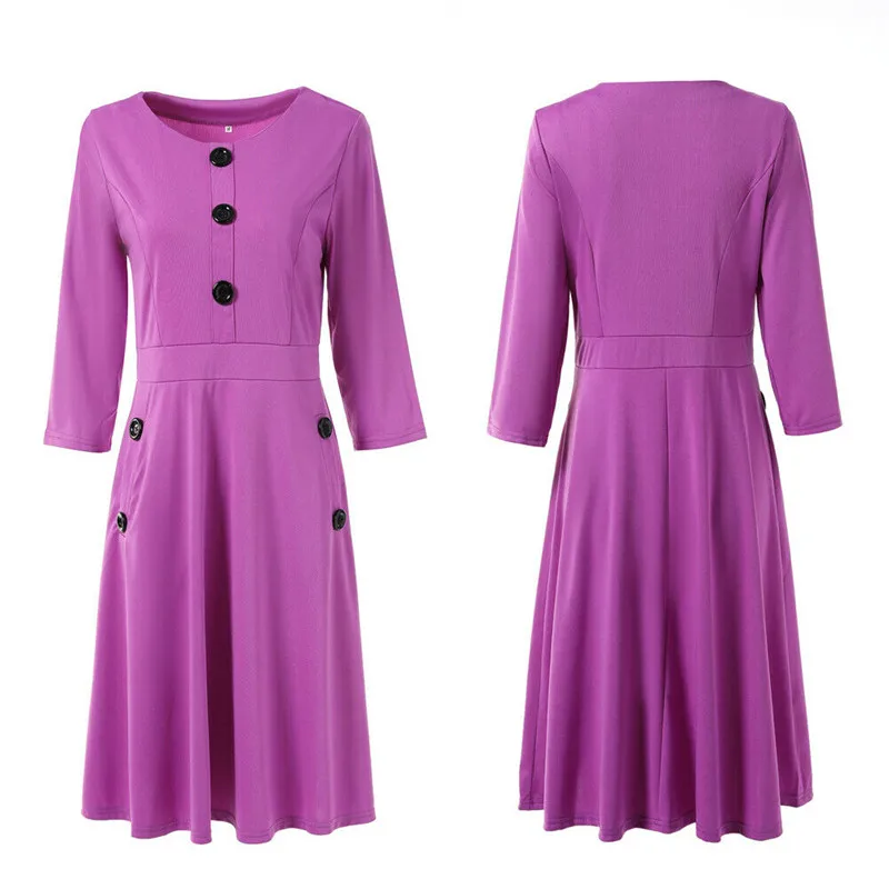 As photo shows Plus Size Womens Summer Long Sleeve Casual and Loose Solid O-Neck Vintage Prom Evening Party Swing Long Dresses Ball Gown - Цвет: As photo shows