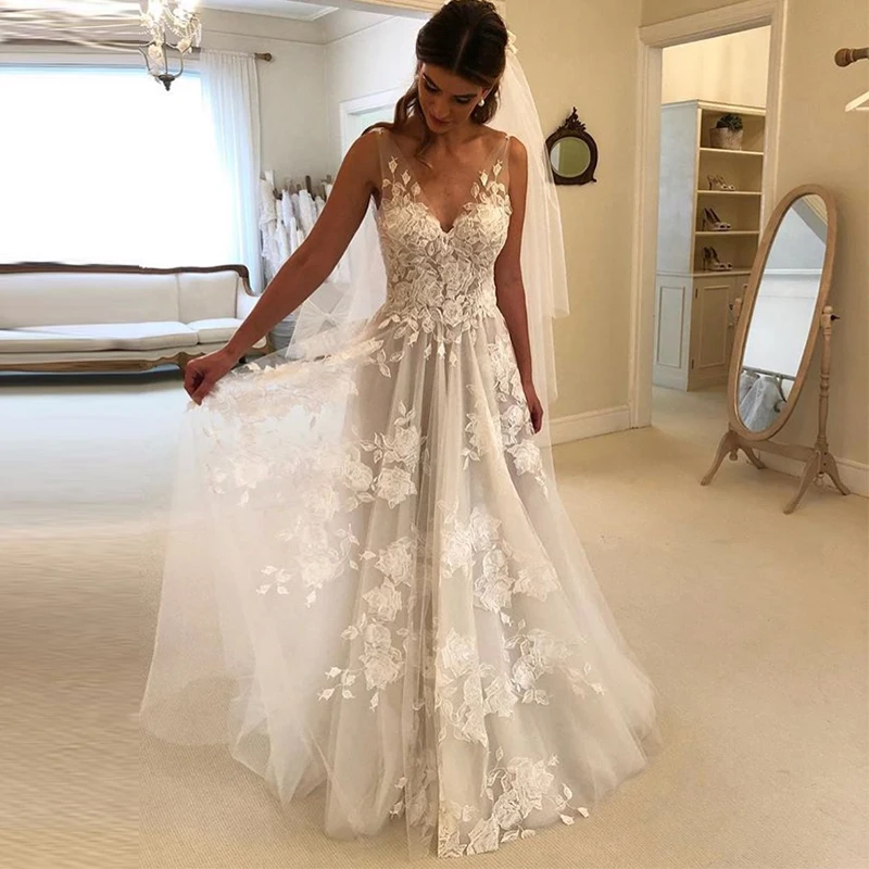 New Arrival Boho Wedding Dress 2019 Appliqued Tulle Sheer A-Line Sexy Backless Beach Bride Gowns vestido de noiva | Свадьбы и