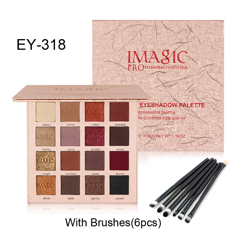 EY-318 With Brushes 16 цветов Палитра теней для век Профессиональная пигментированная Мерцающая матовая пудра для век цветная Косметика для макияжа глаз+ 6 кистей - Цвет: EY-318 With Brushes