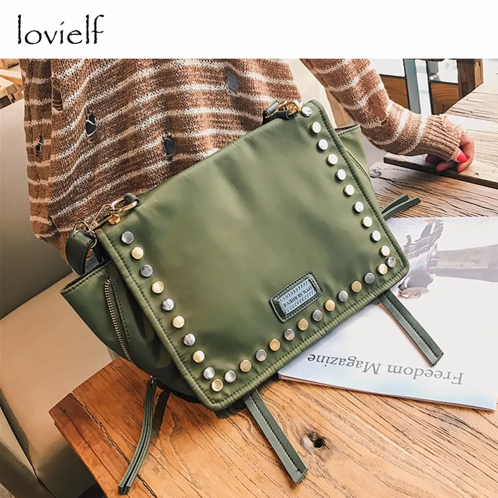 Lovielf Новый Для женщин леди Повседневное заклепки Армейский Зеленый Нейлон